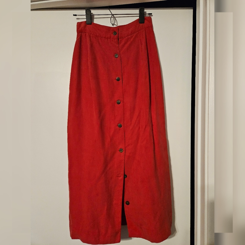 Magaschoni Silk Red Button-Down Pencil Skirt